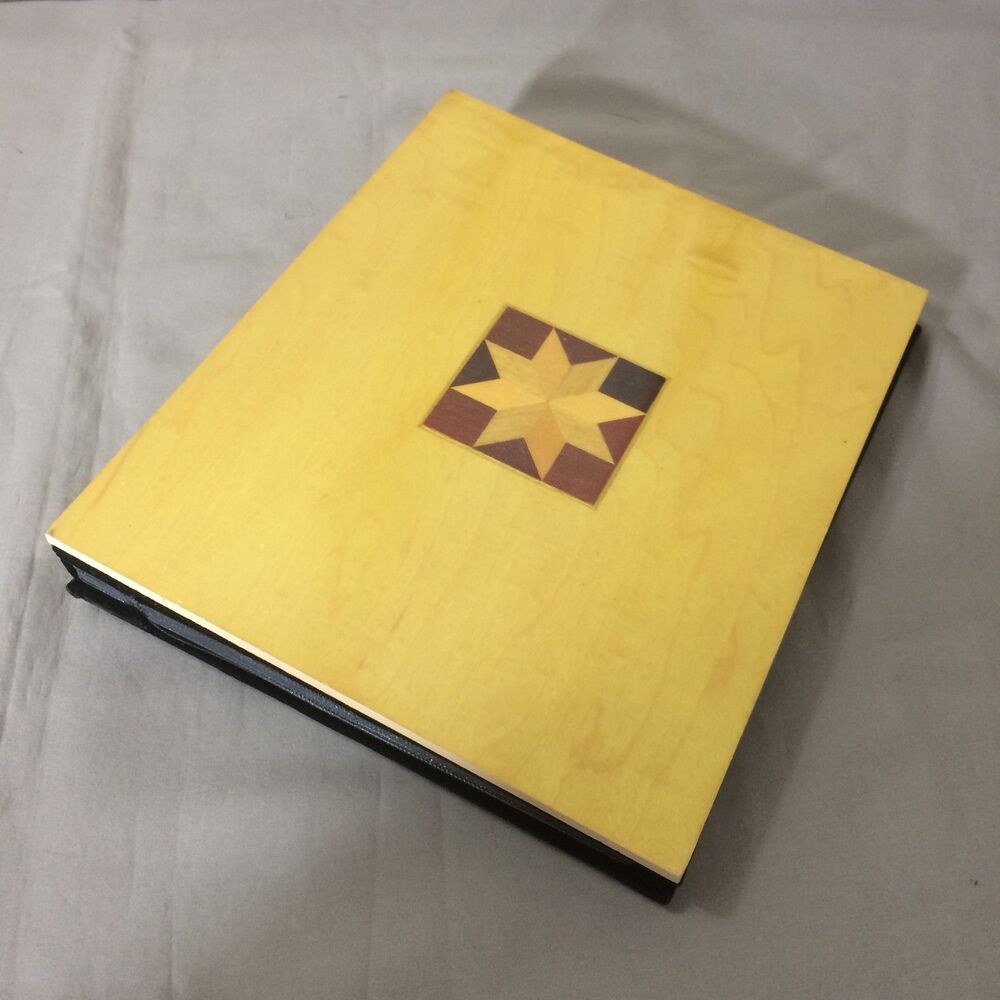 Vintage Marquetry Wood Cover Photo Album Black Velvet Post Bound Star Inlay